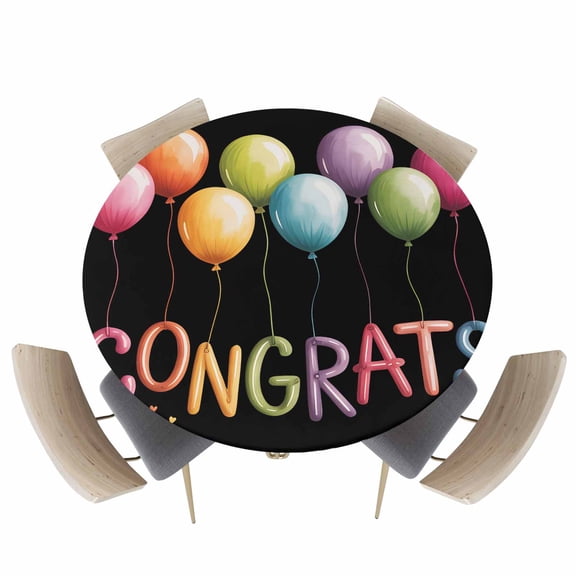 Round Fitted Tablecloths with Elastic Edge Colorful Balloons on Black Oil-Proof Waterproof Wipeable Table Cover for Kitchen Dining Party Decor Graduation Season Table Clothes,45" - 54"