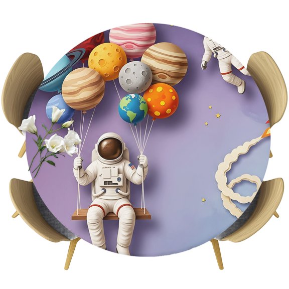 Round Fitted Tablecloths with Elastic Edge Cosmonaut Planet Balloon Space Shuttle Oil-Proof Waterproof Table Cover for Kitchen Dining Party Decor Cartoon Outer Space Star Table Clothes,36" - 44"