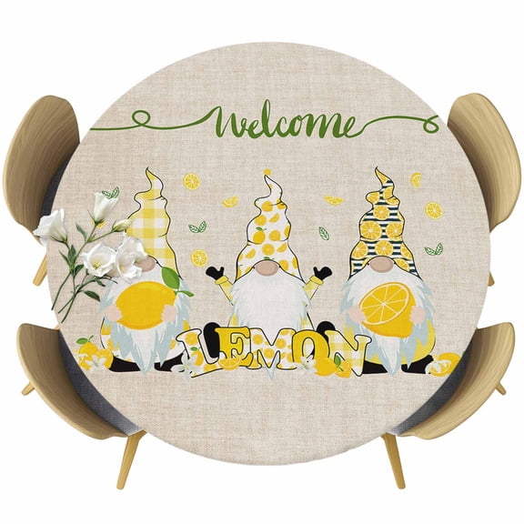 Round Fitted Tablecloths with Elastic Edge Cute Dwarfs and Summer Yellow Lemon Waterproof Wipeable Table Cover for Kitchen Dining Party Decor Green Quote and Fruit on Linen Table Clothes,45" - 54"
