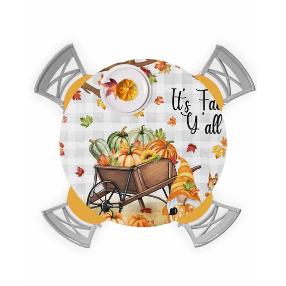 Round Fitted Tablecloths with Elastic Edge Fall Dwarf Squirrel on Buffalo Plaid Waterproof Wipeable Table Cover for Kitchen Dining Party Decor Autumn Pumpkin Maple Leaf Table Clothes,45" - 54"