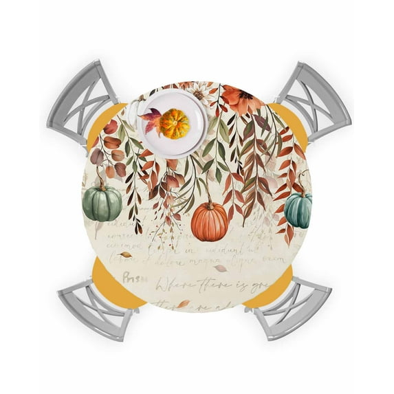 Round Fitted Tablecloths with Elastic Edge Fall Pumpkin Flower Leaf Oil-Proof Waterproof Wipeable Table Cover for Kitchen Dining Party Decor Thanksgiving Theme on Retro Table Clothes,36" - 44"