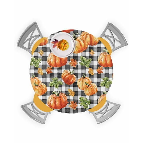Round Fitted Tablecloths with Elastic Edge Fall Pumpkin Maple Leaf Thanksgiving Waterproof Wipeable Table Cover for Kitchen Dining Party Decor Farm Harvest Retro Plaid Table Clothes,45" - 54"
