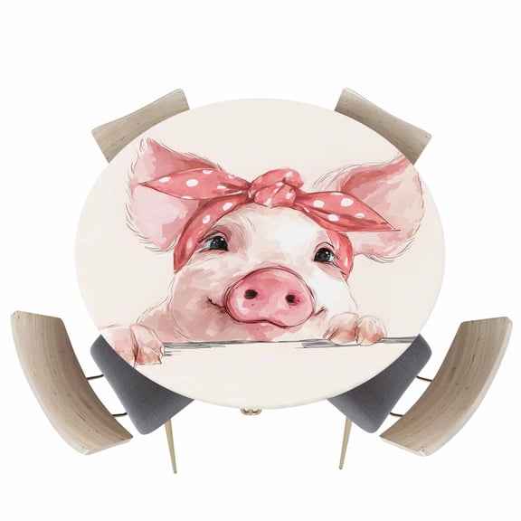 Round Fitted Tablecloths with Elastic Edge Farm Watercolor Pink Pig Oil-Proof Waterproof Wipeable Table Cover for Kitchen Dining Party Decor Cartoon Animal Table Clothes,36" - 44"