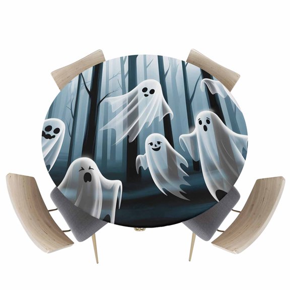 Round Fitted Tablecloths with Elastic Edge Floating Ghost in Woods Oil-Proof Waterproof Wipeable Table Cover for Kitchen Dining Party Decor Halloween Midnight Forest Table Clothes,36" - 44"