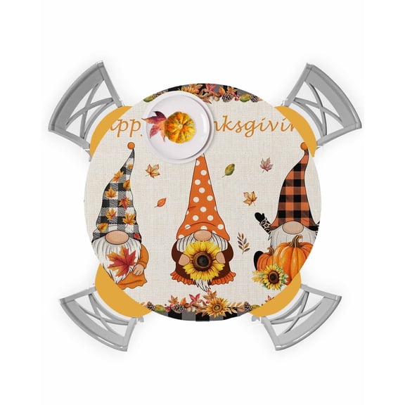 Round Fitted Tablecloths with Elastic Edge Funny Gnome with Farm Harvest Pumpkins Oil-Proof Waterproof Wipeable Table Cover for Kitchen Dining Party Decor Retro Linen Table Clothes,36" - 44"