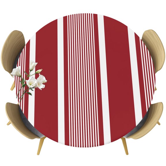 Round Fitted Tablecloths with Elastic Edge Gradient Red Stripes Line Oil-Proof Waterproof Wipeable Table Cover for Kitchen Dining Party Decor Modern Minimalist Striped Table Clothes,36" - 44"