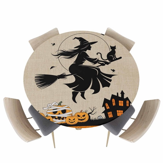 Round Fitted Tablecloths with Elastic Edge Halloween Black Witch Hat Pumpkin Oil-Proof Waterproof Wipeable Table Cover for Kitchen Dining Party Decor Retro Linen Table Clothes,36" - 44"