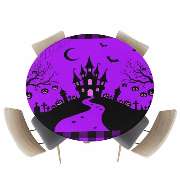 Round Fitted Tablecloths with Elastic Edge Halloween Castle Spiderweb Pumpkin Oil-Proof Waterproof Wipeable Table Cover for Kitchen Dining Party Decor Scary Purple Black Table Clothes,36" - 44"