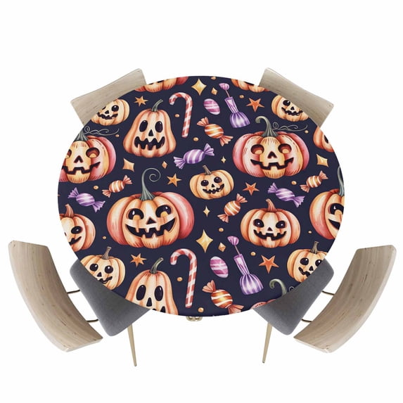 Round Fitted Tablecloths with Elastic Edge Halloween Ghost Face Pumpkin Oil-Proof Waterproof Wipeable Table Cover for Kitchen Dining Party Decor Watercolor Candy on Black Table Clothes,55" - 60"