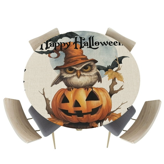 Round Fitted Tablecloths with Elastic Edge Halloween Owl Pumpkin Ghost Face Oil-Proof Waterproof Wipeable Table Cover for Kitchen Dining Party Decor Tree Branch Moon on Linen Table Clothes,45" - 54"
