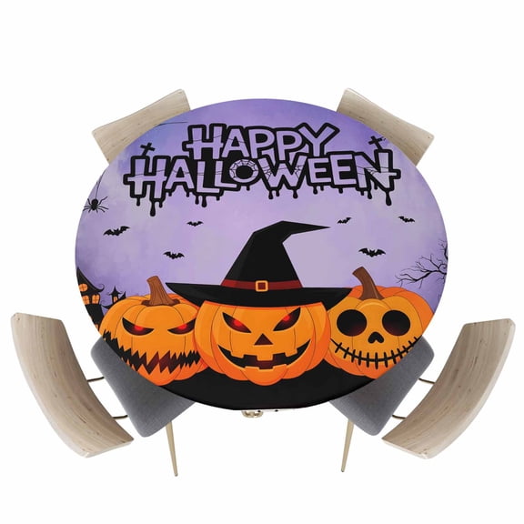 Round Fitted Tablecloths with Elastic Edge Halloween Pumpkin Ghost Face Witch Hat Crow Waterproof Wipeable Table Cover for Kitchen Dining Party Decor Spiders- Web Purple Mist Table Clothes,45" - 54"
