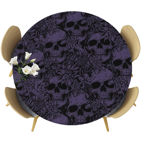 Round Fitted Tablecloths with Elastic Edge Halloween Skull Flower Purple Black Oil-Proof Waterproof Wipeable Table Cover for Kitchen Dining Party Decor Skeleton Plant Sketch Table Clothes,55" - 60"