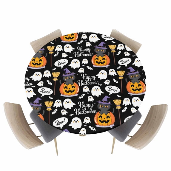 Round Fitted Tablecloths with Elastic Edge Halloween Witch Hat Cat Oil-Proof Waterproof Wipeable Table Cover for Kitchen Dining Party Decor Pumpkin Ghost on Black Table Clothes,36" - 44"