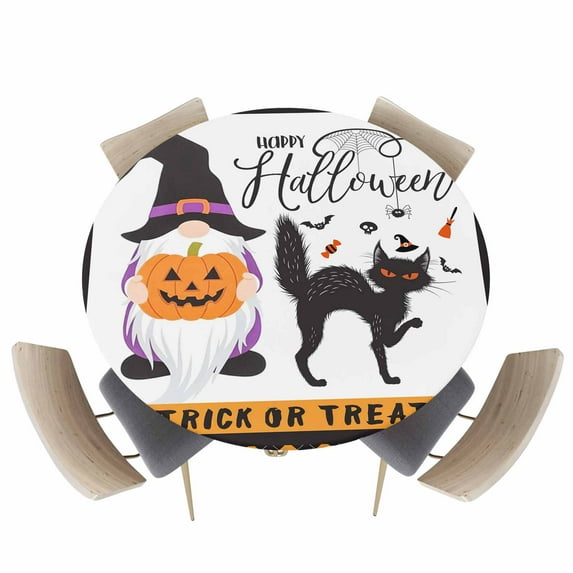 Round Fitted Tablecloths with Elastic Edge Happy Halloween Gnome Cat Oil-Proof Waterproof Wipeable Table Cover for Kitchen Dining Party Decor Pumpkin Candy Bat Table Clothes,45" - 54"