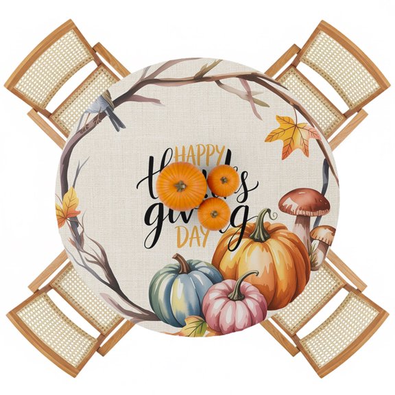 Round Fitted Tablecloths with Elastic Edge Happy Thanksgiving Fall Pumpkin Oil-Proof Waterproof Wipeable Table Cover for Kitchen Dining Party Decor Maple Leaves Bird on Burlap Table Clothes,36" - 44"