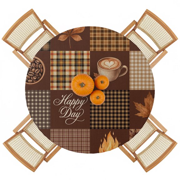 Round Fitted Tablecloths with Elastic Edge Hello Fall Happy Day Words Oil-Proof Waterproof Wipeable Table Cover for Kitchen Dining Party Decor Maple Leaves Coffee Table Clothes,36" - 44"