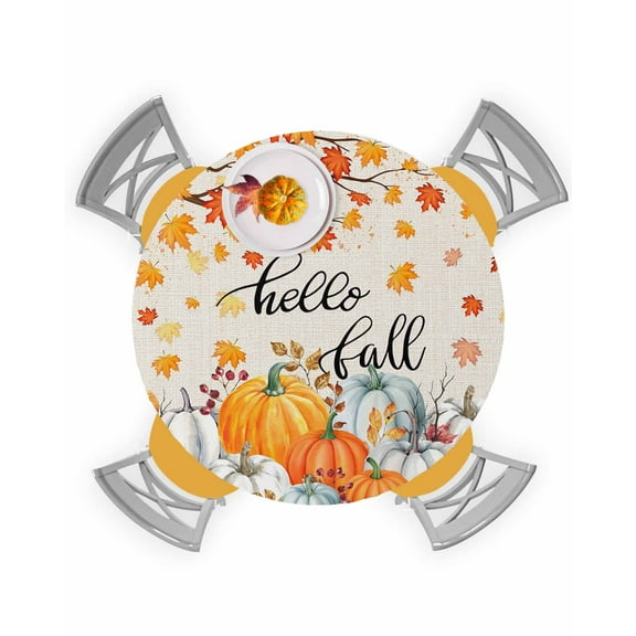 Round Fitted Tablecloths with Elastic Edge Hello Fall Thanksgiving Maple Leaves Oil-Proof Waterproof Wipeable Table Cover for Kitchen Dining Party Decor Pumpkin Farm Burlap Table Clothes,36" - 44"