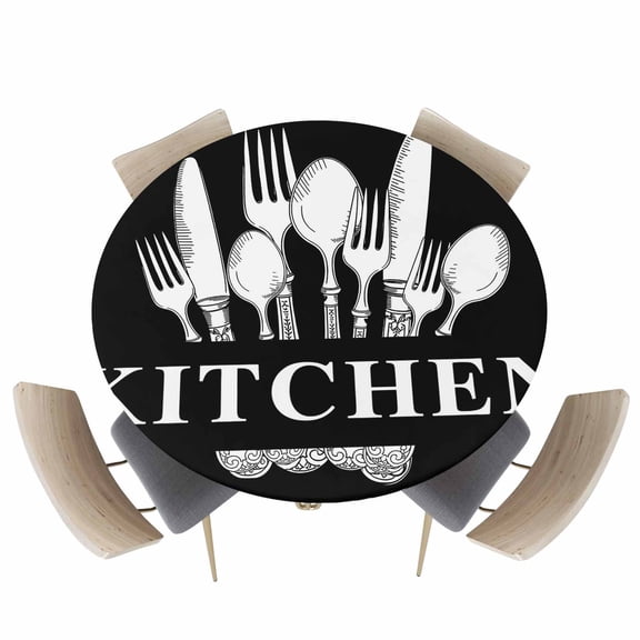 Round Fitted Tablecloths with Elastic Edge Home Kitchen Knife Fork Spoon Oil-Proof Waterproof Wipeable Table Cover for Kitchen Dining Party Decor Tableware Black White Table Clothes,45" - 54"