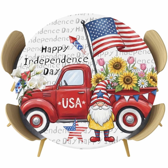 Round Fitted Tablecloths with Elastic Edge Independence Day USA Flag Truck Oil-Proof Waterproof Wipeable Table Cover for Kitchen Dining Party Decor Patriotic Gnome Sunflower Table Clothes,36" - 44"