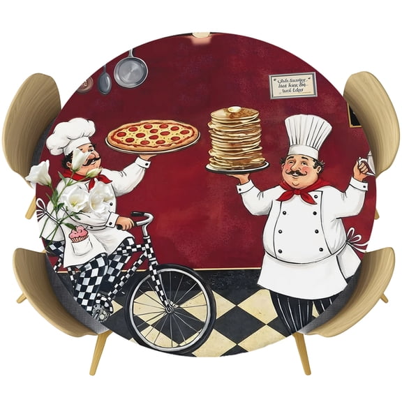 Round Fitted Tablecloths with Elastic Edge Kitchen Italian Chef Oil-Proof Waterproof Wipeable Table Cover for Kitchen Dining Party Decor Farmhouse Pizza Black White Check Table Clothes,36" - 44"