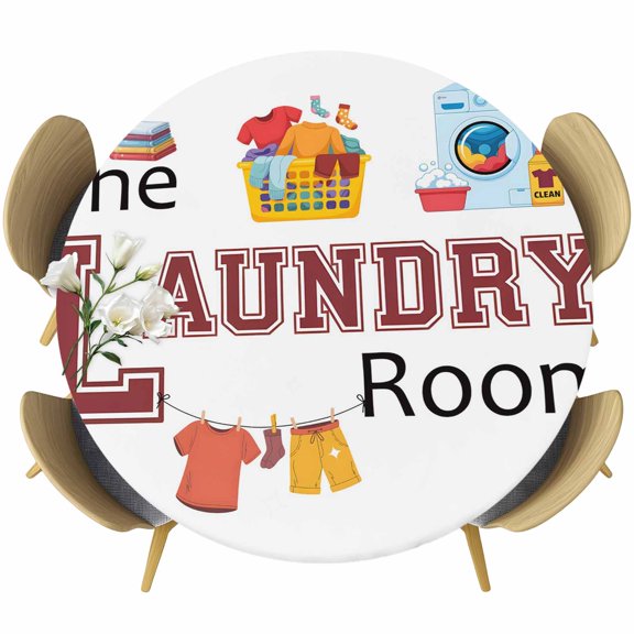 Round Fitted Tablecloths with Elastic Edge Laundry Room Quotes Theme Element Oil-Proof Waterproof Wipeable Table Cover for Kitchen Dining Party Decor White Background Table Clothes,36" - 44"