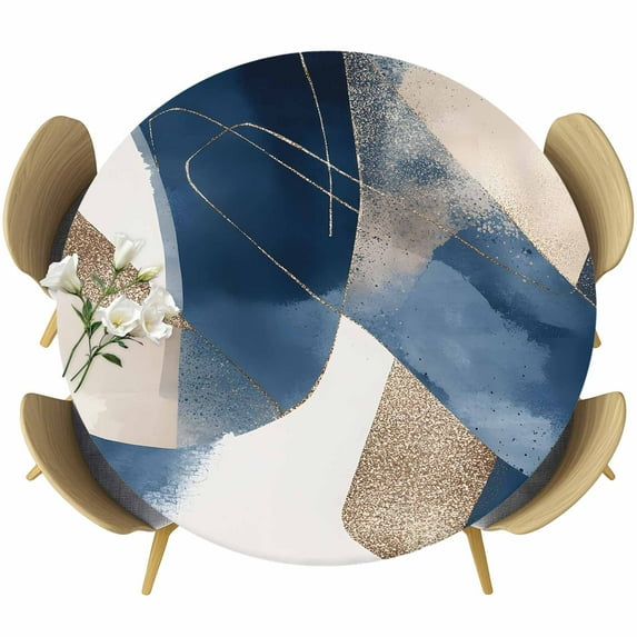 Round Fitted Tablecloths with Elastic Edge Minimalist Blue Khaki Color Block Oil-Proof Waterproof Wipeable Table Cover for Kitchen Dining Party Decor Abstract Geometric Stripe Table Clothes,45" - 54"