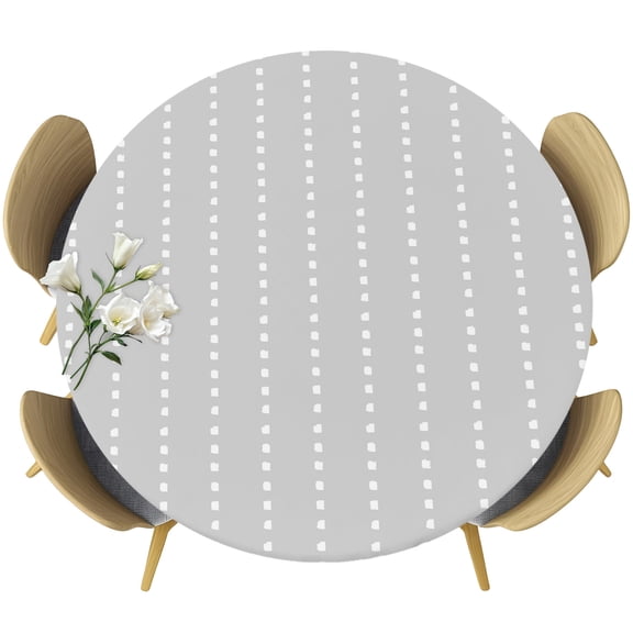 Round Fitted Tablecloths with Elastic Edge Minimalist White Dotted Line on Gray Oil-Proof Waterproof Wipeable Table Cover for Kitchen Dining Party Decor Polka Dot Stripe Table Clothes,36" - 44"