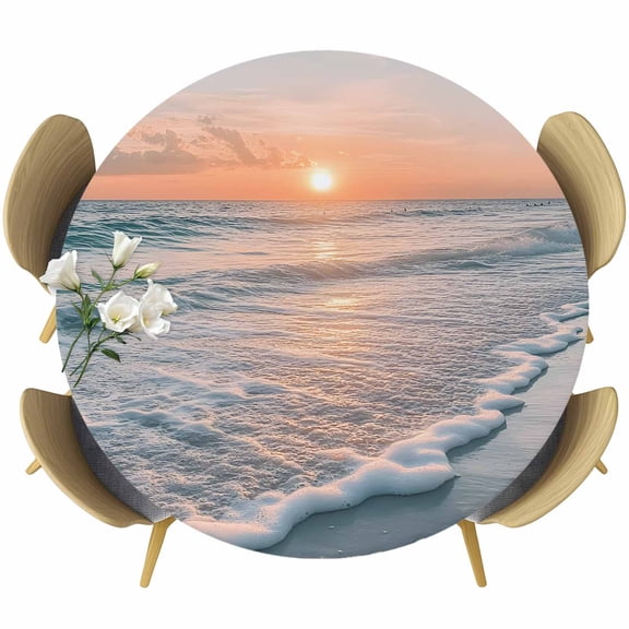 Round Fitted Tablecloths with Elastic Edge Modern Summer Seaside Sunset Sunrise Oil-Proof Waterproof Wipeable Table Cover for Kitchen Dining Party Decor Ocean Beach Scenery Table Clothes,36" - 44"