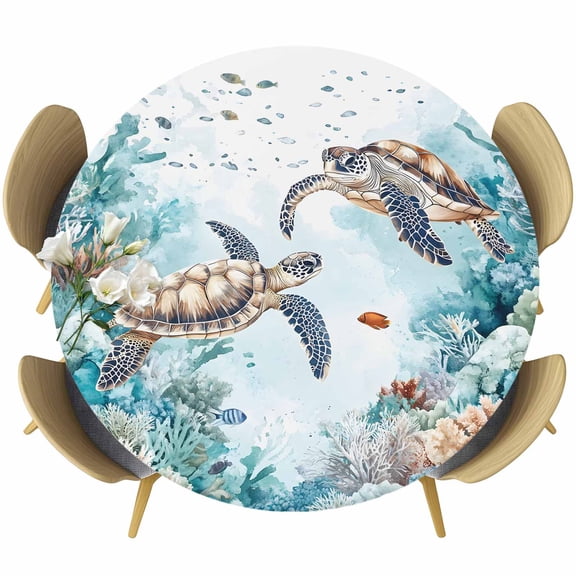 Round Fitted Tablecloths with Elastic Edge Ocean Coral Sea Turtle Seaweed Oil-Proof Waterproof Wipeable Table Cover for Kitchen Dining Party Decor Marine Underwater World Table Clothes,36" - 44"