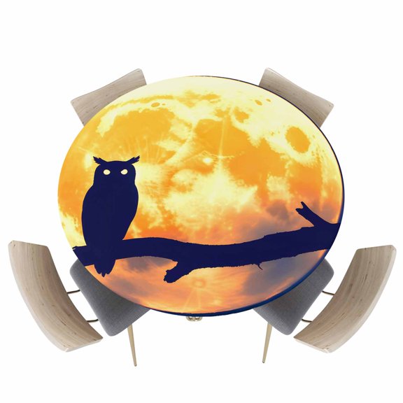 Round Fitted Tablecloths with Elastic Edge Owl Tree Branch Silhouette Oil-Proof Waterproof Wipeable Table Cover for Kitchen Dining Party Decor Halloween Moon Scenic Table Clothes,45" - 54"