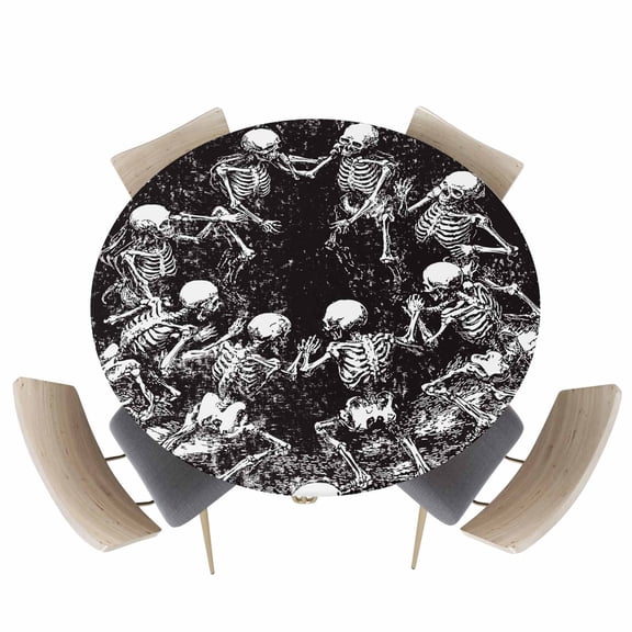 Round Fitted Tablecloths with Elastic Edge Retro Halloween Scary Skull Skeleton Waterproof Wipeable Table Cover for Kitchen Dining Party Decor Monochrome Horror Silhouette Table Clothes,55" - 60"