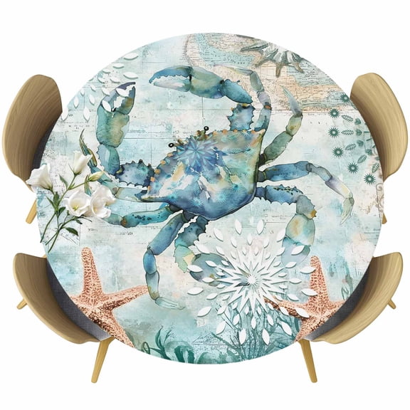 Round Fitted Tablecloths with Elastic Edge Retro Marine Ocean Crab Starfish Oil-Proof Waterproof Wipeable Table Cover for Kitchen Dining Party Decor Seaweed Nautical World Map Table Clothes,36" - 44"