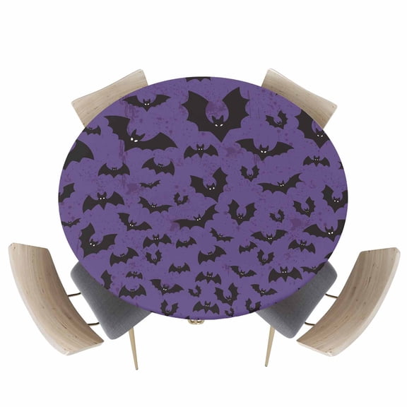 Round Fitted Tablecloths with Elastic Edge Scary Halloween Bat Ombre Oil-Proof Waterproof Wipeable Table Cover for Kitchen Dining Party Decor Black and Purple Table Clothes,45" - 54"