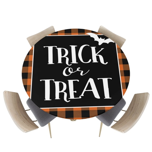 Round Fitted Tablecloths with Elastic Edge Scary Halloween Buffalo Check Oil-Proof Waterproof Wipeable Table Cover for Kitchen Dining Party Decor Trick Or Treat Texts Table Clothes,36" - 44"
