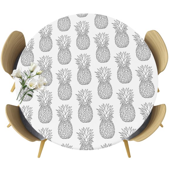 Round Fitted Tablecloths with Elastic Edge Seamless Grey Pineapple Oil-Proof Waterproof Wipeable Table Cover for Kitchen Dining Party Decor Rustic Farmhouse Fruit Theme Table Clothes,36" - 44"