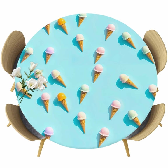 Round Fitted Tablecloths with Elastic Edge Summer Sweet Dessert on Mint Green Oil-Proof Waterproof Wipeable Table Cover for Kitchen Dining Party Decor Seamless Icy Cream Table Clothes,45" - 54"