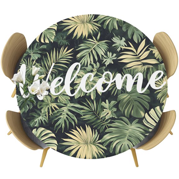 Round Fitted Tablecloths with Elastic Edge Summer Tropical Plant Green Monstera Oil-Proof Waterproof Wipeable Table Cover for Kitchen Dining Party Decor Welcome Quote Table Clothes,36" - 44"