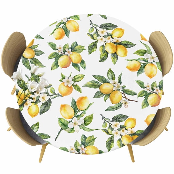 Round Fitted Tablecloths with Elastic Edge Summer Watercolor Lemon Flower Oil-Proof Waterproof Wipeable Table Cover for Kitchen Dining Party Decor Spring Fruit Green Leaves Table Clothes,45" - 54"