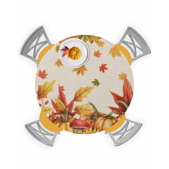 Round Fitted Tablecloths with Elastic Edge Thanksgiving Farm Pumpkin Maple Leaf Oil-Proof Waterproof Wipeable Table Cover for Kitchen Dining Party Decor Fall Plant Retro Linen Table Clothes,36" - 44"