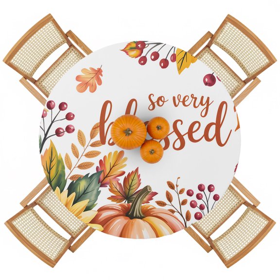 Round Fitted Tablecloths with Elastic Edge Thanksgiving Pumpkin Autumn Maple Leaf Sunflower Oil-Proof Waterproof Table Cover for Kitchen Dining Party Decor Blessed Quote Table Clothes,36" - 44"