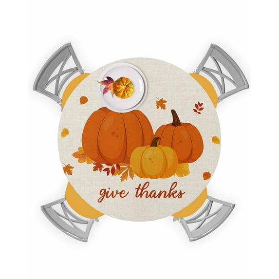 Round Fitted Tablecloths with Elastic Edge Thanksgiving Pumpkin Maple Leaf Oil-Proof Waterproof Wipeable Table Cover for Kitchen Dining Party Decor Autumn Leaves Watercolor Table Clothes,45" - 54"