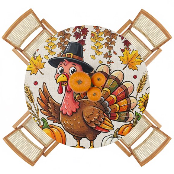 Round Fitted Tablecloths with Elastic Edge Thanksgiving Turkey Pilgrim Hat Oil-Proof Waterproof Wipeable Table Cover for Kitchen Dining Party Decor Fall Pumpkin Sunflower Table Clothes,36" - 44"