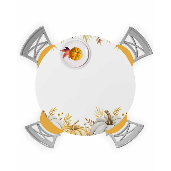 Round Fitted Tablecloths with Elastic Edge Thanksgiving Watercolor Pumpkin Oil-Proof Waterproof Wipeable Table Cover for Kitchen Dining Party Decor Autumn Leaf on Top Table Clothes,36" - 44"