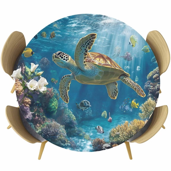 Round Fitted Tablecloths with Elastic Edge Tropical Ocean Turtle Coral Oil-Proof Waterproof Wipeable Table Cover for Kitchen Dining Party Decor Underwater Marine Creature Table Clothes,36" - 44"