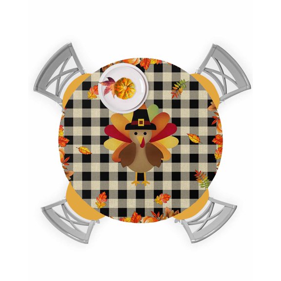Round Fitted Tablecloths with Elastic Edge Turkey Fall Pumpkin Orange Maple Leaf Waterproof Table Cover for Kitchen Dining Party Decor Thanksgiving Black Buffalo Plaid Table Clothes,45" - 54"