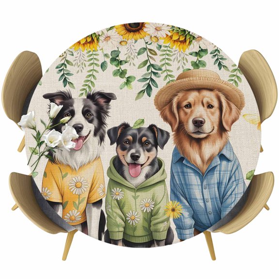 Round Fitted Tablecloths with Elastic Edge Vintage Farm Dogs Oil-Proof Waterproof Wipeable Table Cover for Kitchen Dining Party Decor Spring Sunflowers Daisy on Linen Table Clothes,36" - 44"