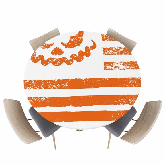 Round Fitted Tablecloths with Elastic Edge Vintage Halloween Demons Face Oil-Proof Waterproof Wipeable Table Cover for Kitchen Dining Party Decor White Orange Stripe Table Clothes,45" - 54"