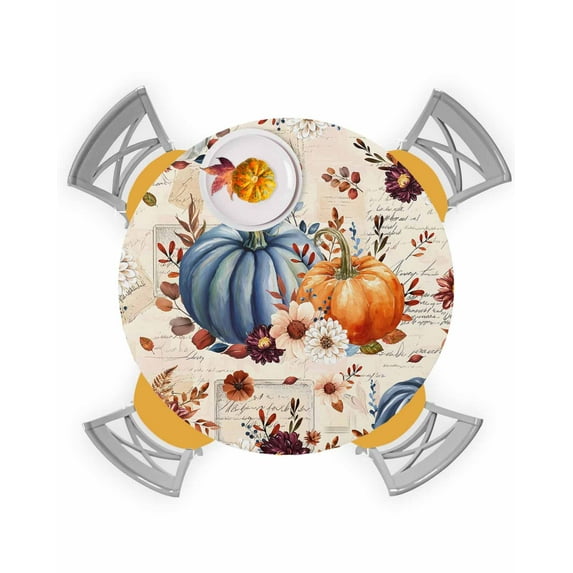 Round Fitted Tablecloths with Elastic Edge Vintage Thanksgiving Pumpkins Flowers Oil-Proof Waterproof Wipeable Table Cover for Kitchen Dining Party Decor Leaf on Letter Table Clothes,36" - 44"