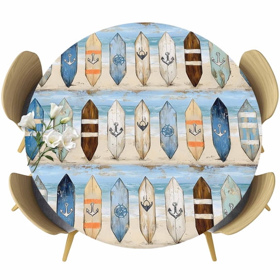 Round Fitted Tablecloths with Elastic Edge Watercolor Nautical Sailing Plank Oil-Proof Waterproof Wipeable Table Cover for Kitchen Dining Party Decor Vintage Wood Grain Anchor Table Clothes,45" - 54"