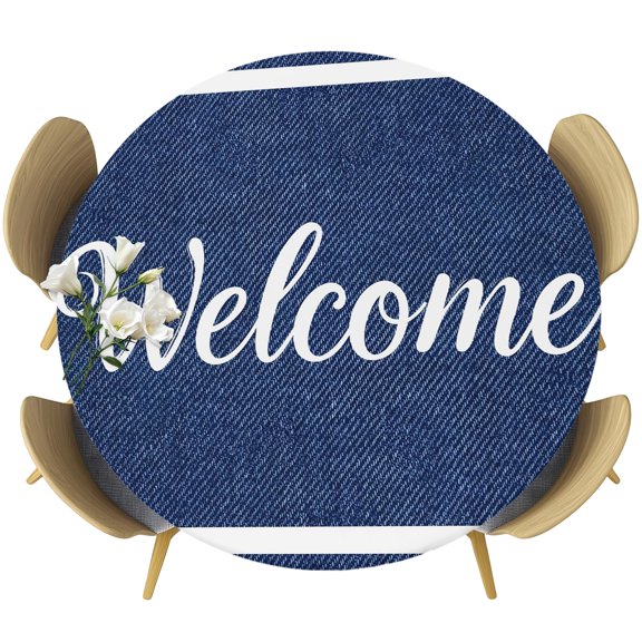 Round Fitted Tablecloths with Elastic Edge Welcome Quote Navy Blue Stripe Oil-Proof Waterproof Wipeable Table Cover for Kitchen Dining Party Decor Minimalist Style Table Clothes,36" - 44"
